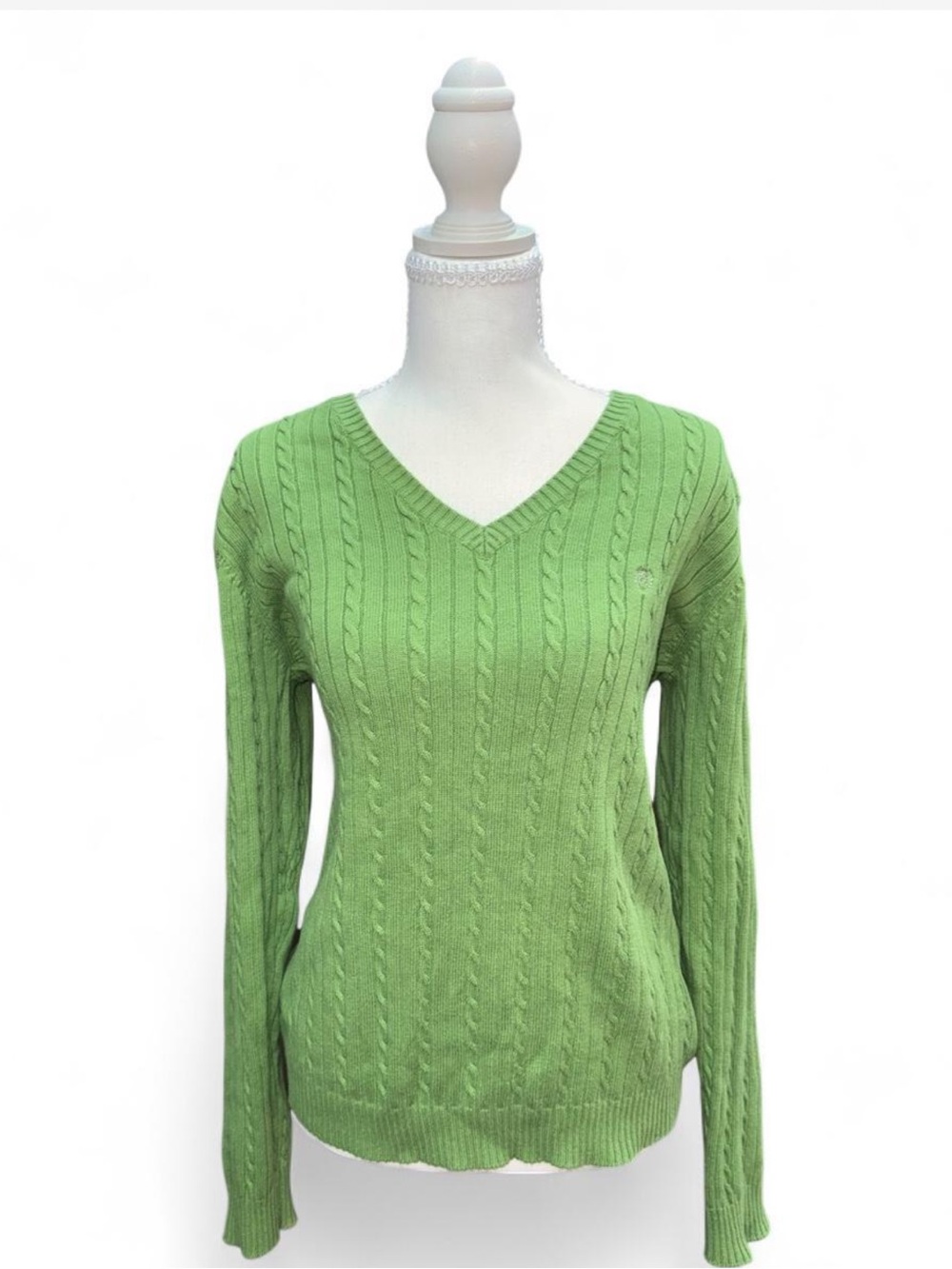 Vintage Izod Olive Green Cable Knit V-Neck Sweater
